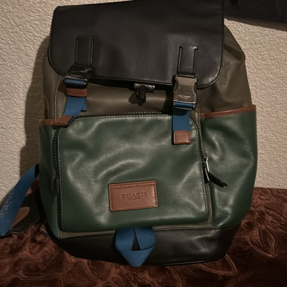 Coach Track Colorblock Leather Backpack Green Brown. - Picture 1 of 11